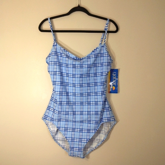 NWT GABAR Swimwear Periwinkle Plaid One Piece w/ built-in padding Size 16L - Picture 2 of 12